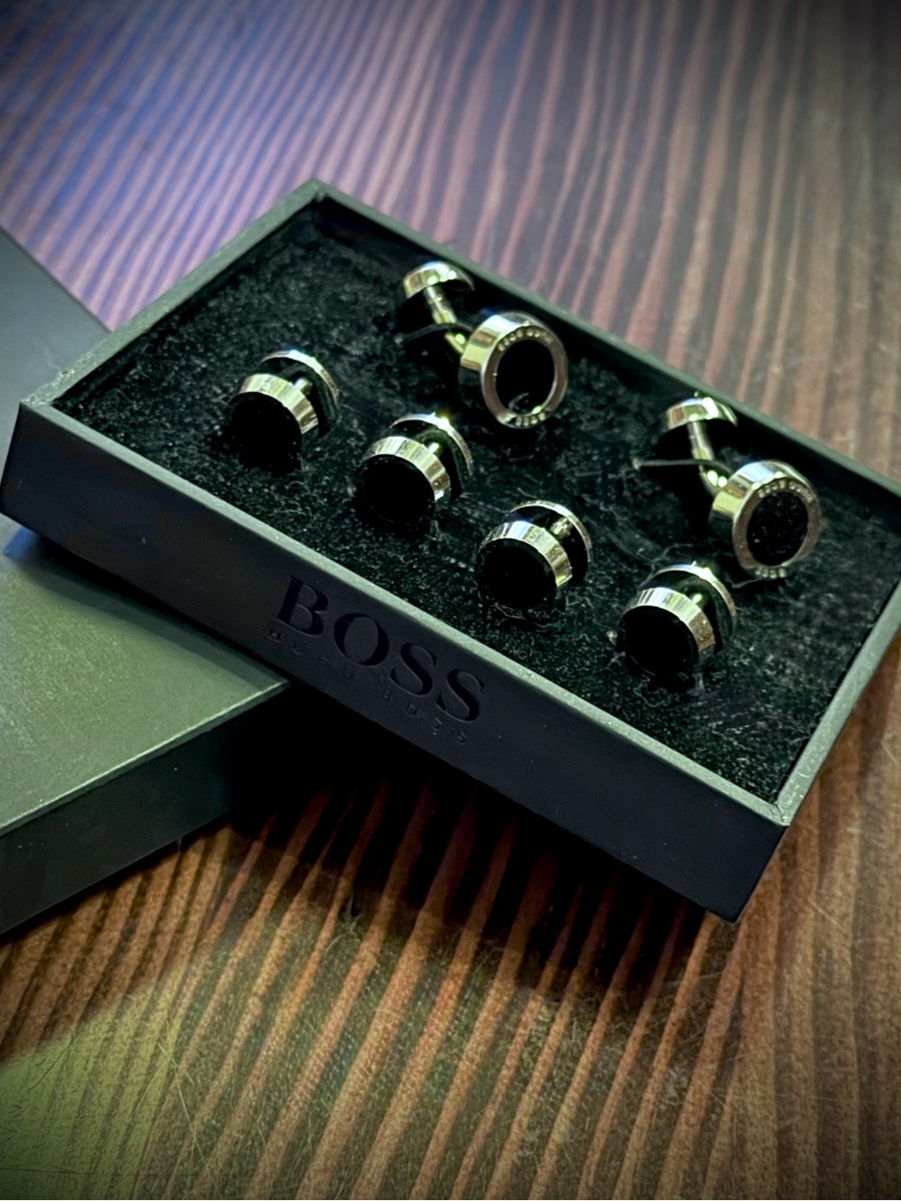 NWT! BOSS Simony Black and Stainless Cufflinks and Stud Set - Men's Accessories
